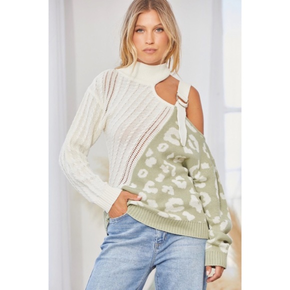 SOLD OUT Sage Leopard Print Cable Knit Long Sleeve Cold Shoulder Buckle Sweater - Picture 4 of 6